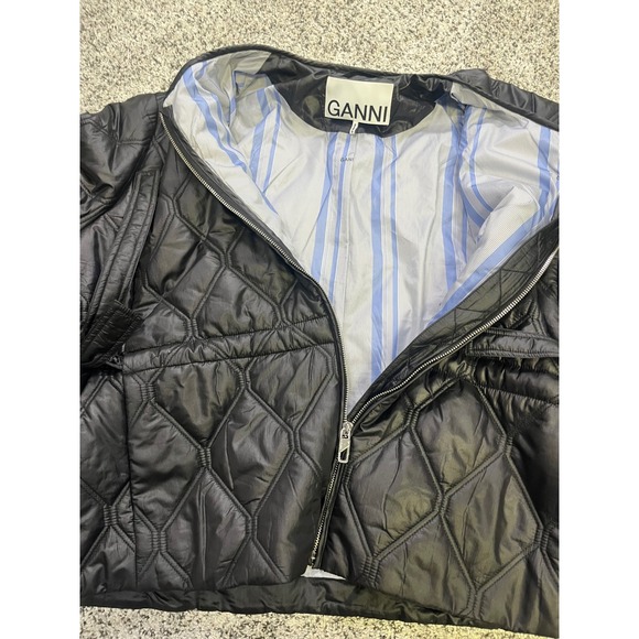 GANNI Black Quilted Ripstop Jacket Tie Waist Collarless Zip Up Womens Size L - Picture 10 of 13